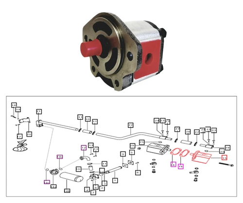 Mahindra 8cc power steering hydraulic gear pump E007202714D91 with E007204062D2 gasket for 3535 4035 4535 5035 3540 3550 3640 and 3650 tractors, OEM pump and sealing gaskets for the hydraulic pump system and piping.