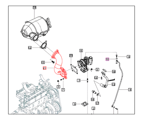 Mahindra turbocharger outlet exhaust elbow 006012790B1 for 4565 5555 5565 5570 2555 2565 2655 2665 2660 2670 6065 and 6075 tractors, OEM 90 degree TC outlet elbow that routes exhaust from the turbo to the stack.