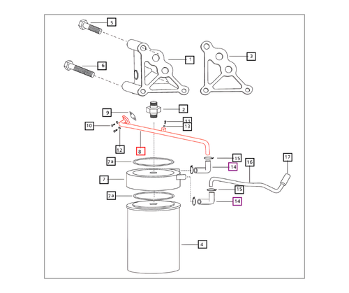 Mahindra engine oil cooler feed pipe 000020820E05 for 5525 6025 5500 6000 5530 6030 and 6530 tractors, OEM steel line that routes pressurized oil from the rear of the crankcase to the hose connector at the external oil cooler in the lubrication system.