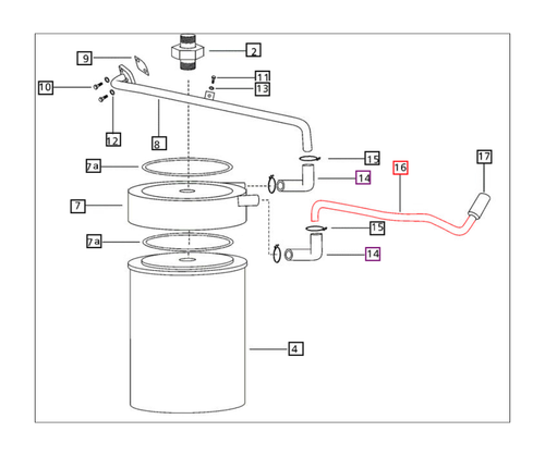 Mahindra engine pipe 000020821E05 from oil cooler to water pump on 4‑cylinder 5525 6025 5500 6000 5530 6030 and 6530 tractors, OEM steel coolant return line that connects the engine oil cooler outlet to the water pump housing.