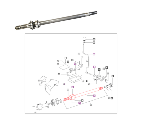 Mahindra PTO shaft assembly with collar for CRPTO 000032542B12 for Mahindra 25, 30, 4500, 5500, 6000, and 6500 Series tractor rear PTO shaft and operating lever driveline.