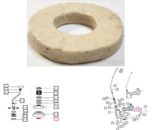 Mahindra washer felt 000032843B12 for Mahindra 25, 30, 4500, 5500, 6000, and 6500 Series tractor gear shifter mechanisms and transmission case cover front assemblies.