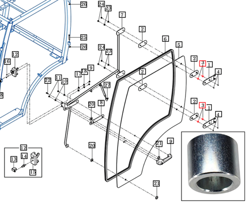 Mahindra collar 8.5x13x10.5 16997010210 for Mahindra 4510, 7010, eMax T4, eMax L, and eMax20S cab tractor left-hand and right-hand door assemblies.