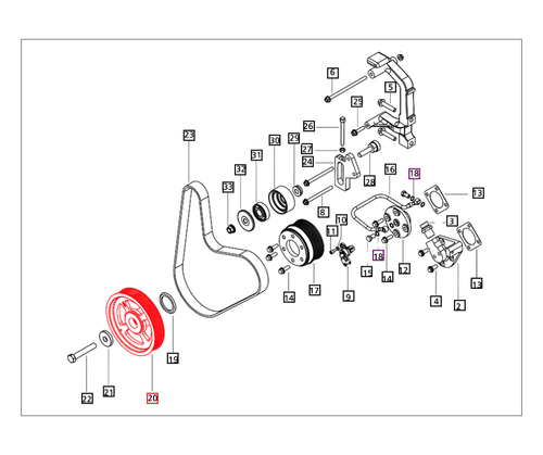 Mahindra pulley hydraulic pump splined T4F 75HP 006415037D1 for Mahindra 7000, 8000, and 9000 Series FEAD systems driving the front-mounted hydraulic pump.