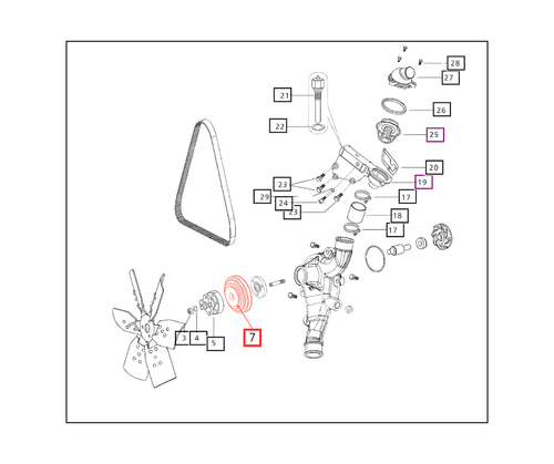 Mahindra water pump / cooling fan pulley 006000753F1 for Mahindra 7520, 7010 Cabin, and 8560 tractor water pump and fan drive assemblies.