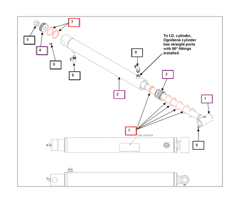 Mahindra loader lift cylinder seal kit KMW05902106 fits Ognibene lift cylinders with straight ports and 90 degree fittings on ML253, ML263, 4565-2, 5555-2, and 5565-2 loaders, replacing worn seals to stop hydraulic leaks and improve loader operation.