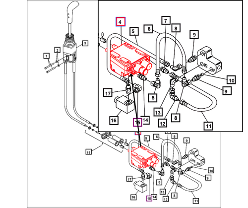 Mahindra hydraulic control valve KMW05806515 for KMW-1635 loaders on Mahindra 1635 Gear, 1635 HST OS, and 1635 HST cab tractors, OEM loader valve used in rear hydraulics and valve assemblies to control loader boom and implement functions.