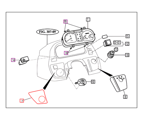 Mahindra LH control panel label 13016031020 fits the instrument panel on Mahindra 10 Series 4010 Gear, 2500 Series 2538 HST T4, 2538 HST Cabin T4, 2540 Gear T4, 2545 Gear T4, 2545 Gear Cabin T4 and 2600 Series 2638 HST OS, 2638 HST Cab, 2645 Gear OS, and 2645 Gear Cab tractors, replacing the original left-hand dash decal for clear control markings.