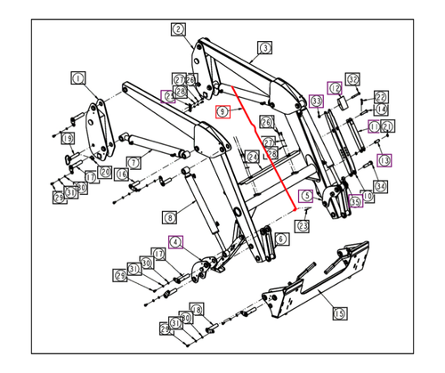 Mahindra bucket level indicator rod ANS2050B4500 / ANS2050A4510 fits Ansung AML233, AML234, AML333 and AML334 loaders, plus Ansung 4540-4 and 4550 2WD/4WD loaders on Mahindra 4025, 4525, 4540 and 4550 tractors from serial breaks 1B0240, 1L3783, 2G3775 and 3J3994~, providing a visual indicator to show when the loader bucket is level.