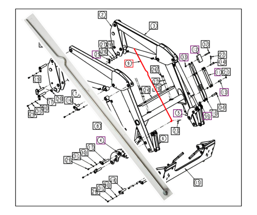 Mahindra bucket level indicator rod ANS2050B4500 / ANS2050A4510 fits Ansung AML233, AML234, AML333 and AML334 loaders, plus Ansung 4540-4 and 4550 2WD/4WD loaders on Mahindra 4025, 4525, 4540 and 4550 tractors from serial breaks 1B0240, 1L3783, 2G3775 and 3J3994~, providing a visual indicator to show when the loader bucket is level.