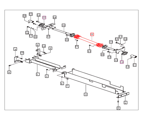 Mahindra intermediate propeller shaft E006510679B1 is the H1-4WD driveshaft used in the front axle support and drive on Mahindra 25 Series 4025 4WD T4 and 4500 Series 4540 and 4550 4WD Tier 4 tractors.