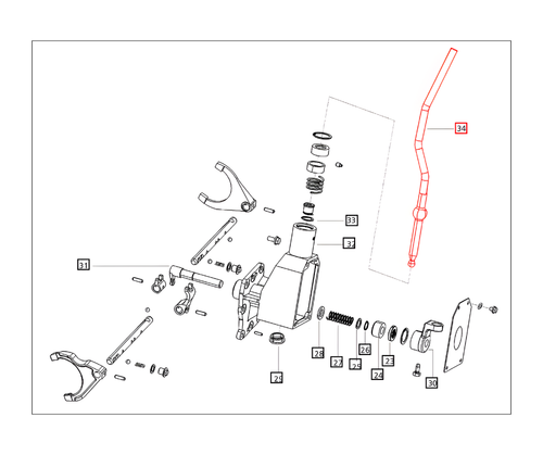 Mahindra range shift lever 007600300D1 fits Mahindra 20 Series 5520, 6520, 7520, 60 Series 7060 and 8560, and mPower 75 and mPower 85 tractors, and is used in the transmission range shifting system.