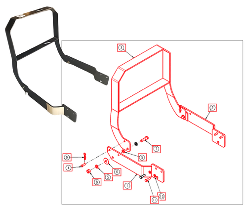 Mahindra loader bumper assembly ANS4025B4000 fits Ansung AML233, AML234, AML333, AML334, and 4550-2/4550-4/4540-4 loaders on Mahindra 4025, 4525, 4540, and 4550 tractors, serving as the front grille guard and bumper with mounting kit components to protect the hood and front end.