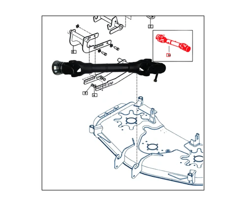 Mahindra universal joint assembly 93801009990 is the PTO drive shaft U-joint for the TYM eMax54M 54" mid‑mount mower deck on Mahindra eMax 20S tractors, allowing the mower shaft to flex while transmitting power from the tractor PTO to the mower deck.