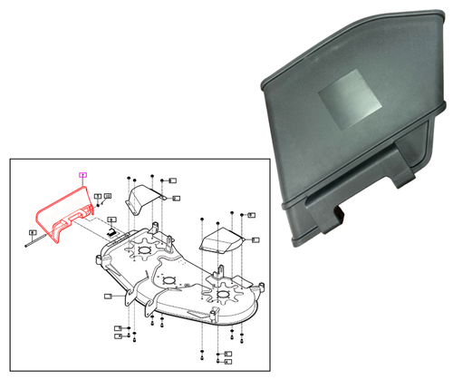 Mahindra mower side cover 93802005102 (replaces 93802005100A) is the side discharge/shield cover for the TYM eMax54M 54" mid‑mount mower deck on Mahindra eMax 20S tractors, guarding the belt and discharge area on the right side of the mower deck.