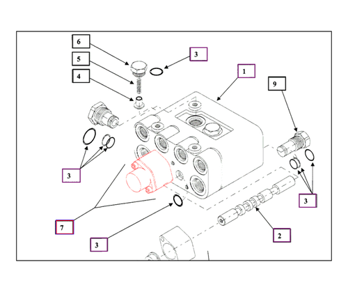 Mahindra loader float detent spool repair kit KMW05806025 services the float-position boom spool in Prince loader valves on KMW ML114, ML170, ML214, ML230, ML245, ML260, ML264, ML265, ML266, ML270, ML275, and ML276 loaders for Mahindra 3505/4005/4505/5005, 4510, 4530, 4500/5500/6000/6500 2WD and 4WD, 6520/7520, 5530/6030, and 7010 tractors, replacing detent balls, springs, and seals so the loader boom locks properly into float.