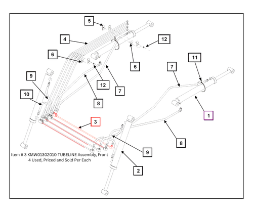 Mahindra KMW front tubeline assembly KMW01302010 steel hydraulic line for ML260 and ML264 loaders on 4500 5500 6000 tractors. Qty 4 Used, Priced and Sold Per Each.
