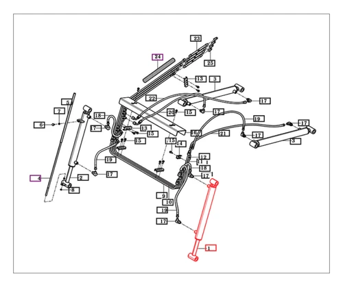 Mahindra / TYM 2638 loader left-hand bucket tilt cylinder 85813001001GB fits 2638L and 2638CL loaders, OEM LH bucket cylinder in the hydraulic piping assembly.