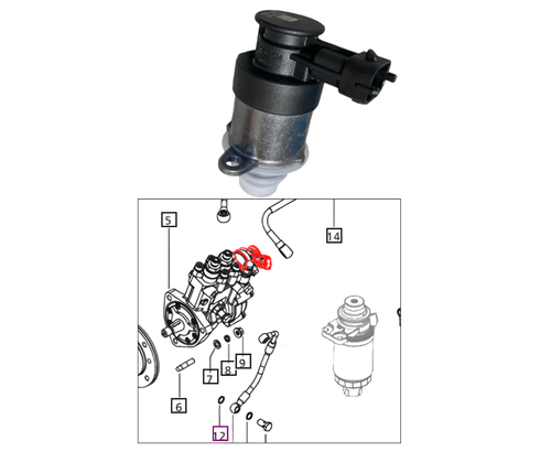 Mahindra fuel pressure regulator 006047496D01 radial piston pump metering unit CP4 fits 2538, 2540, 2545, 2638, 2645 and 5545 Tier 4 tractors, OEM common rail fuel pump metering unit.