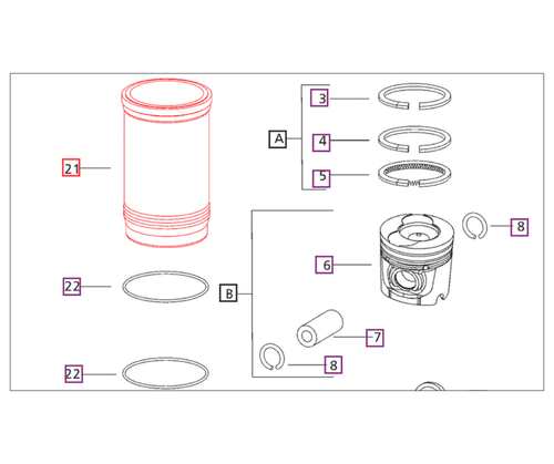 Mahindra engine cylinder liner Grade I 006010414C1 fits 2555, 2565, 2655, 2665, 4565, 5555, 5565, 5570 and mPower 75/85 tractors, 96 mm genuine cylinder sleeve for restoring cylinder sealing and compression.