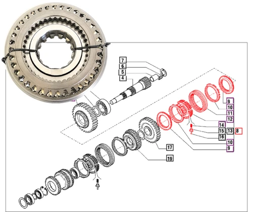 Mahindra transmission synchronizer kit 006500583C1 (138831) for 4500, 5500, 6000 and 6500 4WD 00 Series tractors, OEM synchro pack for the secondary shaft.