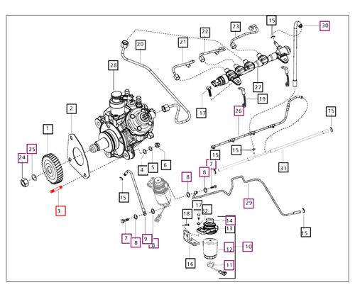 Mahindra stud both ends M8 x 1.25 x 45 grade 8.8 (006000557F1) for fuel injection pump, injector nozzle and fuel/pipe bracket mounting on multiple Mahindra tractor engines.
