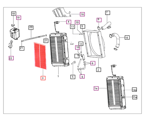 Mahindra radiator trash guard assembly 006005288C91, split‑style debris shield that mounts around the radiator on 4500 and 4530 tractors to protect the core from chaff and debris.