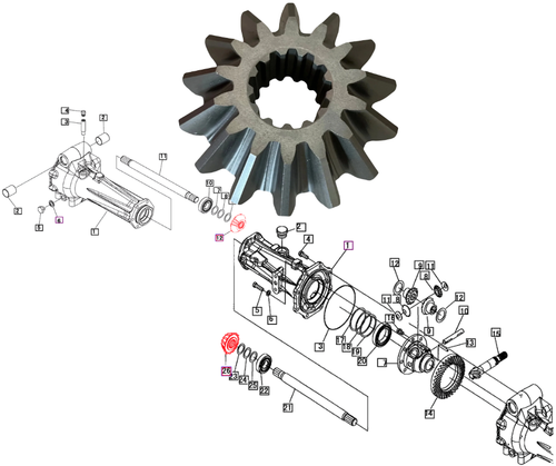 Mahindra front axle bevel gear 14T 19453121000 for 4WD front axle and brake assembly on 1526, 3016, 3616 and 1626 Series tractors