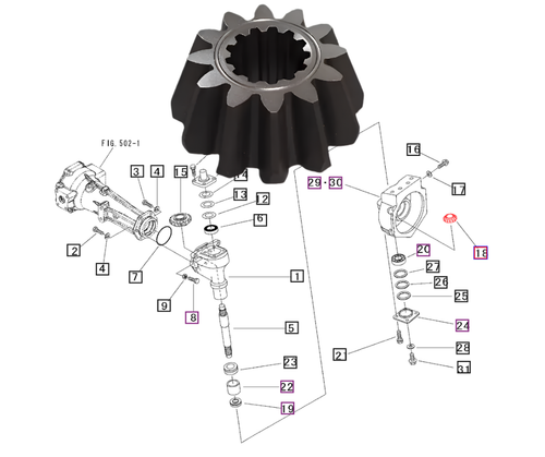 Mahindra front axle lower bevel gear 12T 19562142000 for 4WD front axle and steering / axle‑brake assemblies on 2815, 3215, 1526, 3016, 3316, 3616 and 1626 tractors