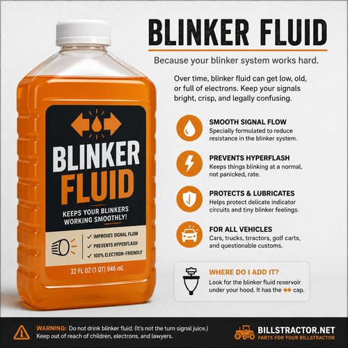 Bottle of Bill's Tractor Blinker Fluid featuring orange liquid, 'prevents hyperflash'