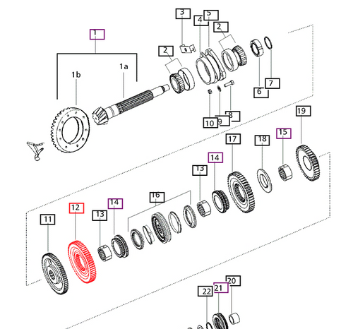 Mahindra 1st speed driven gear 006503891C1 used in the IPTO, SLPTO and transmission gear and shaft groups on 30 Series 5530, 6030 and 6530 4WD T2 and T3 tractors with full synchromesh transmissions. This low‑speed transmission gear provides the first forward and reverse drive ratio inside the gearbox on Mahindra 30 Series utility tractors.