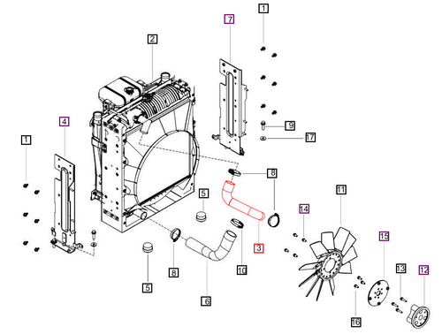 Mahindra radiator inlet hose E006025379D1 used on 8000 Series 8090 and 8100 cab tractors and 7000 Series 7085 4WD and 7095 4WD cab tractors in the engine radiator assembly. This molded upper radiator hose routes coolant from the engine outlet into the radiator on mPower 100‑series Mahindra tractors.