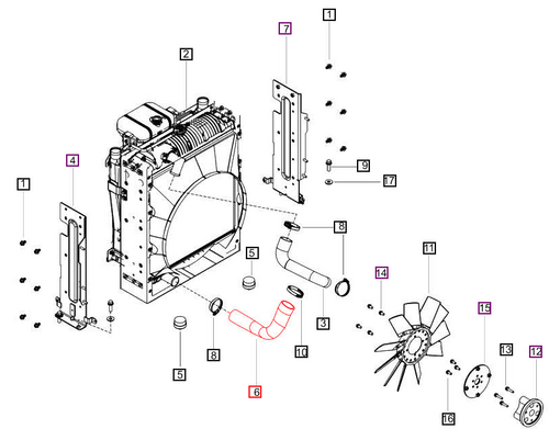 Mahindra radiator hose outlet E006025382D1 used on 8000 Series 8090 and 8100 cab tractors and 7000 Series 7085 4WD and 7095 4WD cab tractors in the engine radiator assembly. This molded lower radiator outlet hose carries coolant from the radiator outlet back to the engine block on mPower 100‑series Mahindra tractors.