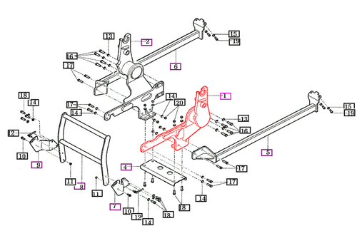 Mahindra loader mounting frame left‑hand 85901001003GB for TYM ML151 loaders on 5010 Gear tractors and TYM ML156 loaders on 5010 Gear Cab, 5010 HST Cab and 6010 HST Cab tractors. This welded LH mounting frame (superseding 85901001003 and 85901001002) bolts to the tractor chassis as part of the loader mounting frame assembly to support the front end loader structure.