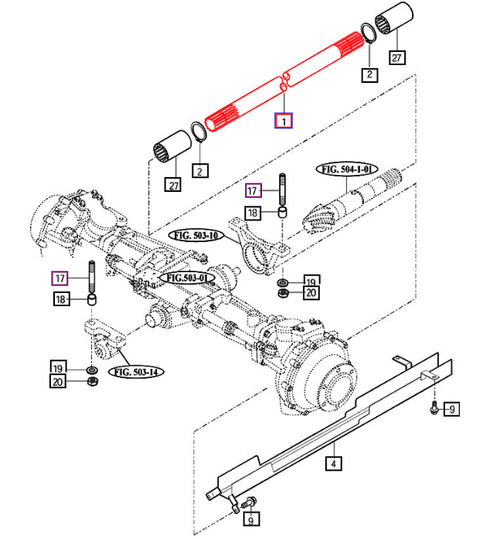 Mahindra 4WD front drive shaft 12294310010GB used on 2500 Series 2565 Gear Cabin T4 and 2600 Series 2665 Gear Cabin and 2670 PST Cabin tractors in the front axle, supporter and drive shaft assembly. This splined propeller shaft connects the transfer case or 4WD output to the front differential input, delivering engine power to the front axle on Mahindra 4WD cab tractors.