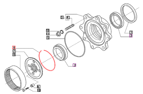 Mahindra front wheel hub snap ring 006500447C1 for 00 Series 4500, 5500, 6000, 6500 4WD and 20 Series 5520, 6520, 7520 4WD tractors, shown as retaining ring used in front axle wheel hub assemblies, including Carraro hubs up to KNG 990, from Bill’s Tractor Parts.