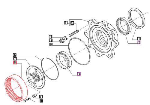 Mahindra front wheel hub crown gear 006500449C1 for 00 Series 4500, 5500, 6000, 6500 4WD and 20 Series 5520, 6520, 7520 4WD tractors, shown as drive gear inside front axle wheel hub assemblies including Carraro hubs up to KNG 990 from Bill’s Tractor Parts.