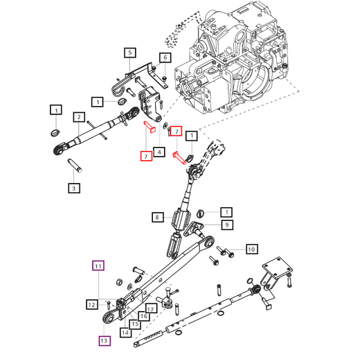 Mahindra 3-point hitch lift arm pin 007212656U1 for mPower 75/85 and 6000, 7000, 8000 Series tractors, shown as heavy lift arm pivot pin used in rear three point linkage and global hydraulics assemblies from Bill’s Tractor Parts.
