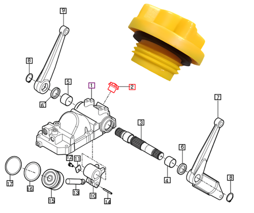 Mahindra hydraulic fluid fill port cap assembly 11615012100 for eMax20S HST open station and cab tractors, shown as screw-in oil cap used on the rear hydraulic and three point lift housing from Bill’s Tractor Parts.