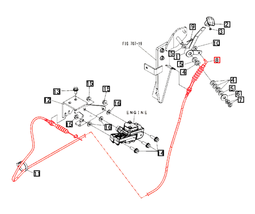 Mahindra hand throttle accelerator wire 19027583000 for 1600 Series 1635 HST OS/cab and gear/refresh models, shown as engine control cable used between the hand throttle lever and injection pump from Bill’s Tractor Parts.