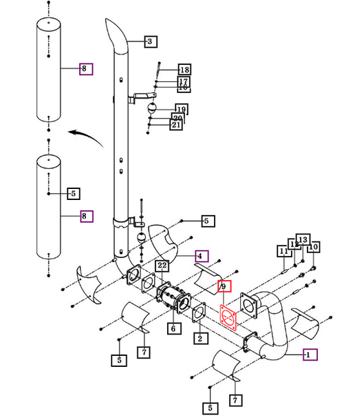 Mahindra flexible exhaust pipe gasket 15891130010 for 9000 Series 9110P, 9125P, 9110S, and 9125S cab tractors, shown as an exhaust flange gasket used with the flexible bellows joint in the vertical exhaust pipe assembly.
