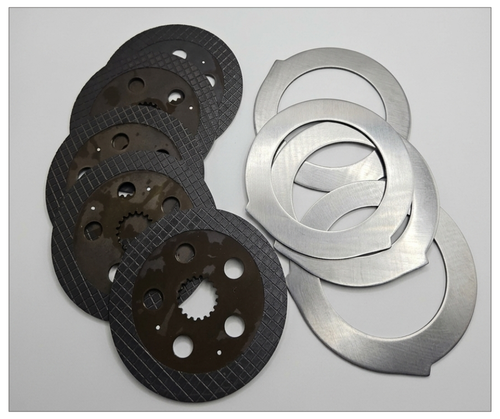 Mahindra friction set kit 006503425B1 shown as a complete OEM friction pack containing multiple friction discs and related components for Mahindra tractor clutch or brake assemblies.
