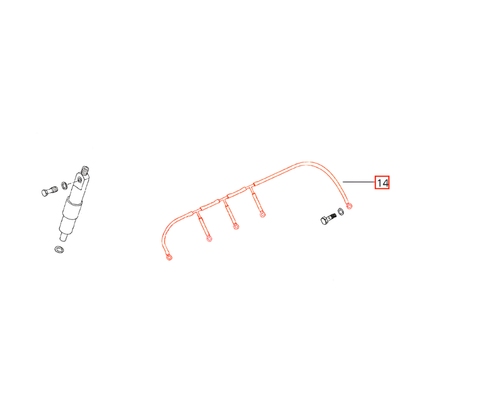 Mahindra injector spill pipe complete 005551103R92 for 4025 4WD T4 tractors, shown as a formed metal and hose assembly that links the tops of the injectors and routes excess diesel fuel back to the fuel tank.