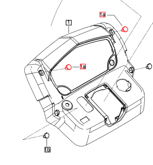 Mahindra plug cluster top LH 007642073V1 for 5145 and 5155 tractors, shown as a molded plastic cap that snaps into the upper left opening of the scuttle/instrument cluster panel to finish the edge and seal the cavity.