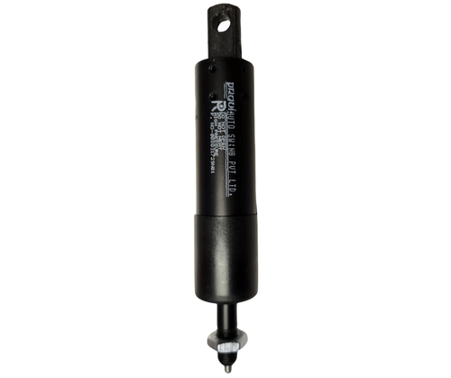 Mahindra steering column gas spring assembly 008031729N01 for 1120/1123/1126 and 2123/2126 HST tractors, shown as a small black gas strut with ball‑socket ends used to assist tilt steering movement.