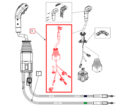 Mahindra KMW loader joystick lever kit KMW14083082, a complete loader control lever assembly used on KMW‑6075L, 6075CL, 8100CL and 7095CL loaders to operate boom and bucket hydraulic functions.