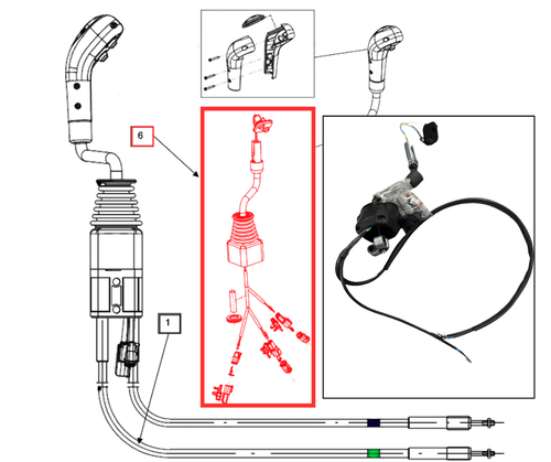 Mahindra KMW loader joystick lever kit KMW14083082, a complete loader control lever assembly used on KMW‑6075L, 6075CL, 8100CL and 7095CL loaders to operate boom and bucket hydraulic functions.