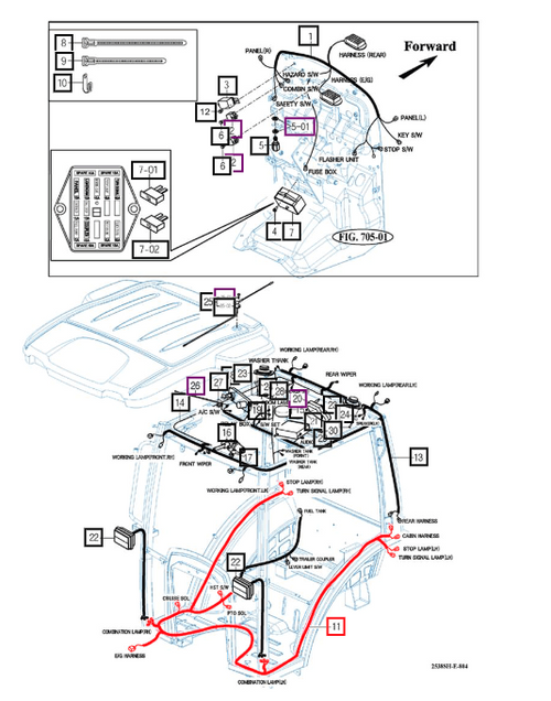 Mahindra rear cabin wiring harness 12396683601, a rear cab electrical loom for 2638 HST cab tractors that connects the cab’s main harness to rear work lights, tail lights, and other rear-mounted cab electrical devices.