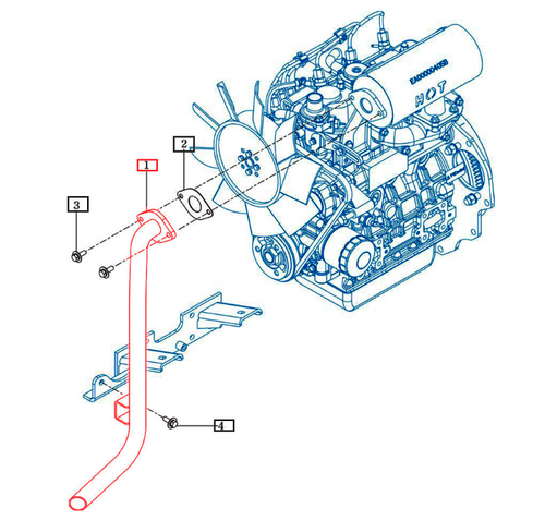 Mahindra exhaust pipe 11511312100DD, a formed steel exhaust tube used on eMax L22 HST, eMax L22 Gear and eMax L25 HST tractors to connect the exhaust manifold to the muffler/silencer assembly.