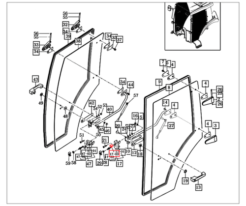 Mahindra cab door glass guard 14527052730, a molded guard/trim piece that fits along the edge of the left‑ or right‑hand cab door glass on various Mahindra cab and add‑on cabin models to protect the glass and door frame.